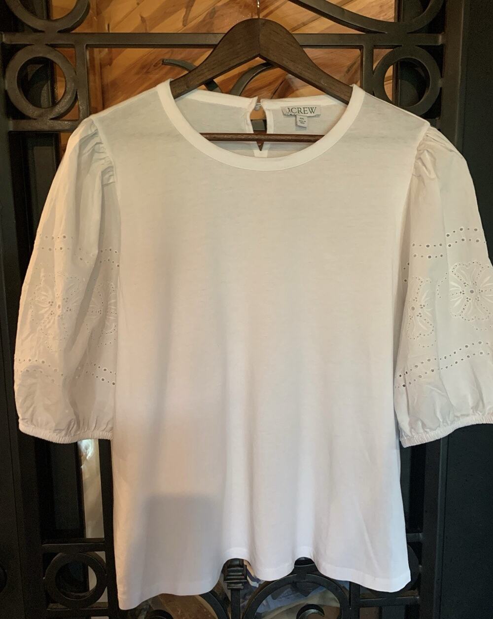 J Crew Womens Mixed Media Top White Puff Eyelet Sleeve Size 2XL